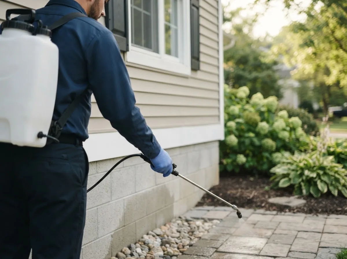 Pest control technician inspecting a home in Ionia, MI